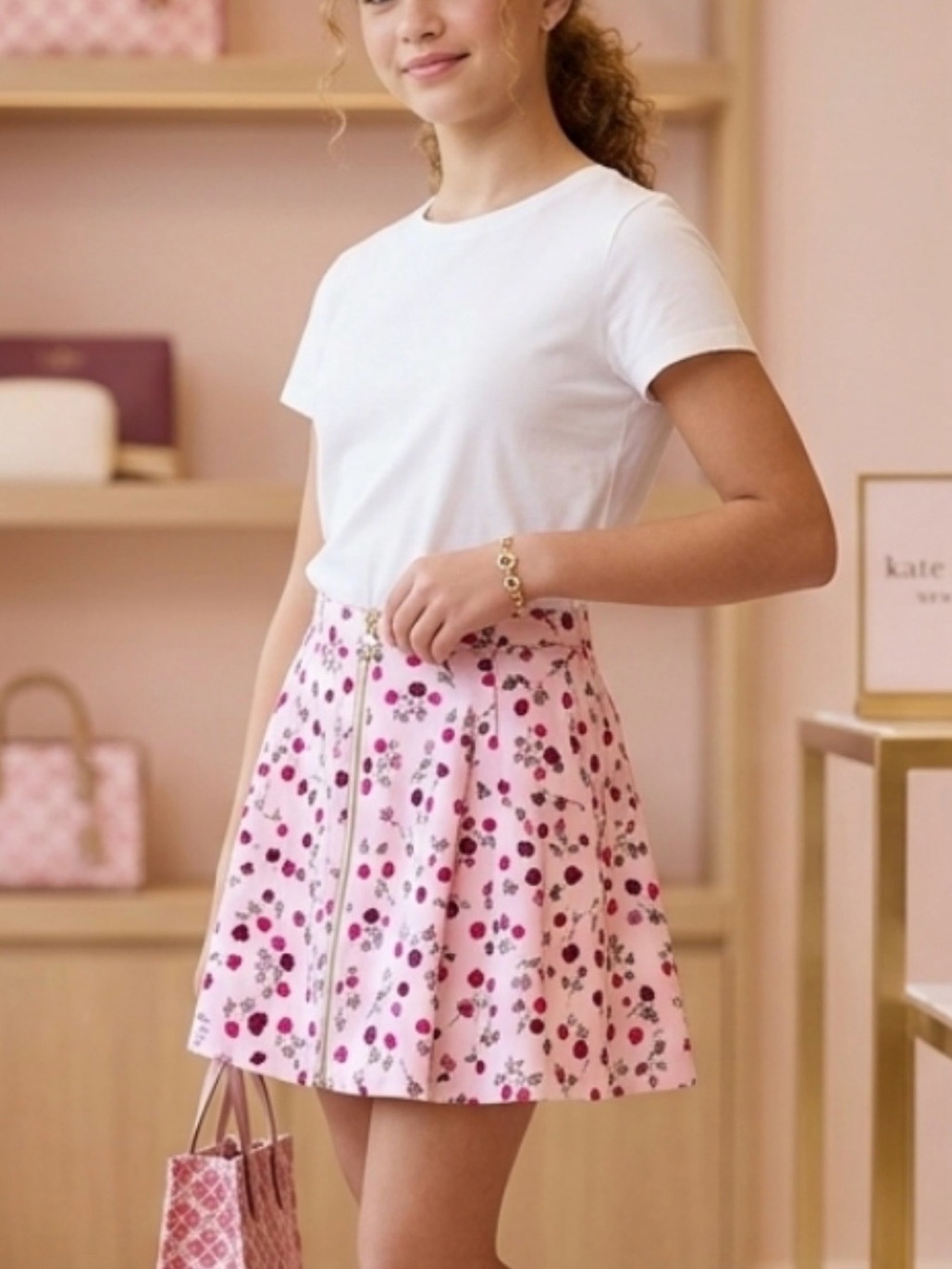 Girls White Floral Print Skirt - Pink & Burgundy Roses Kate Spade SZ 12